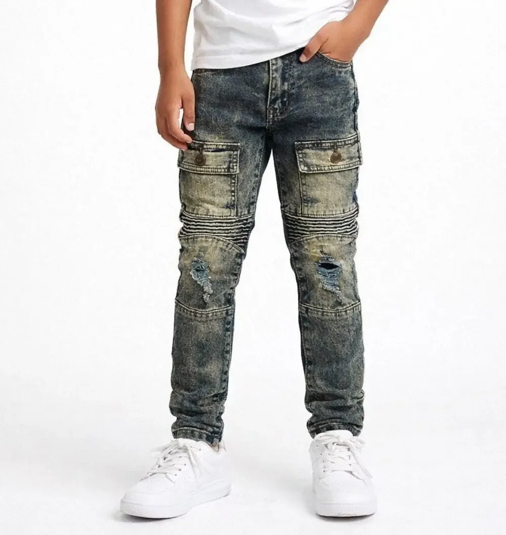 Phat Farm Moto Jeans Boys 5 Blue Vintage Acid Wash Distressed Skinny Fit Denim